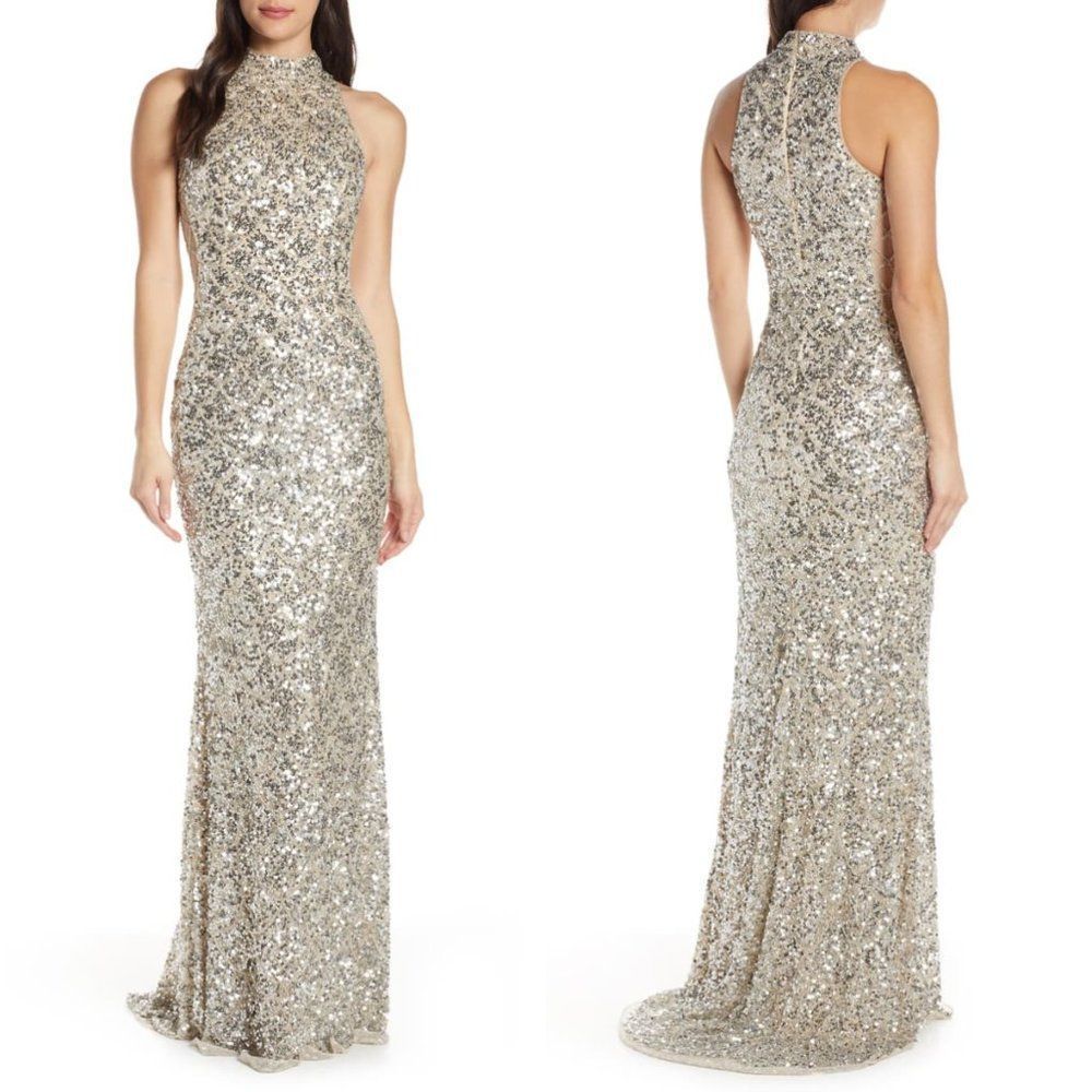 Mock Neck Sequin Column Gown